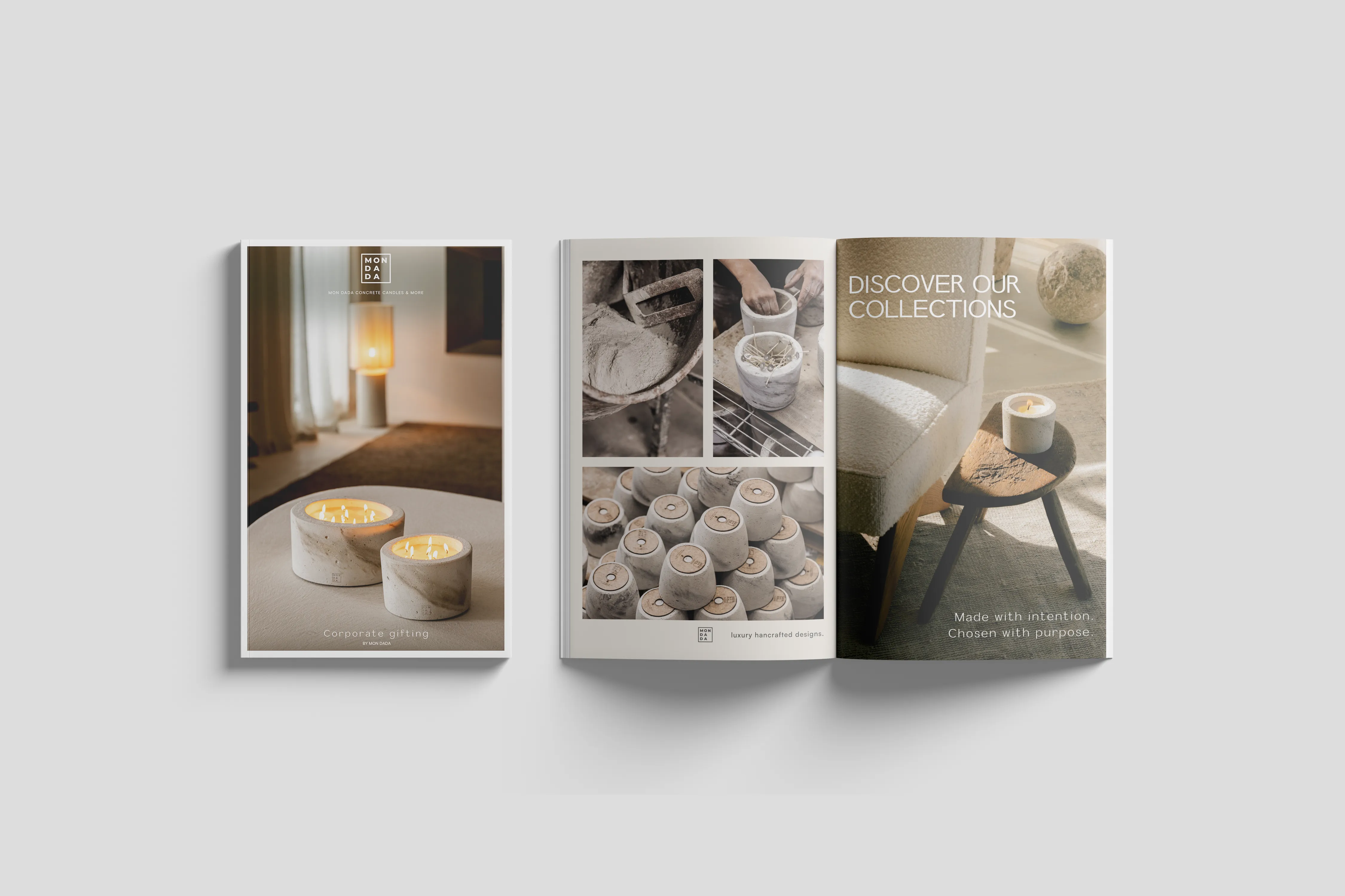 Image of a closed catalogue showing the cover and a catalogue laying open showing candles in different settings
