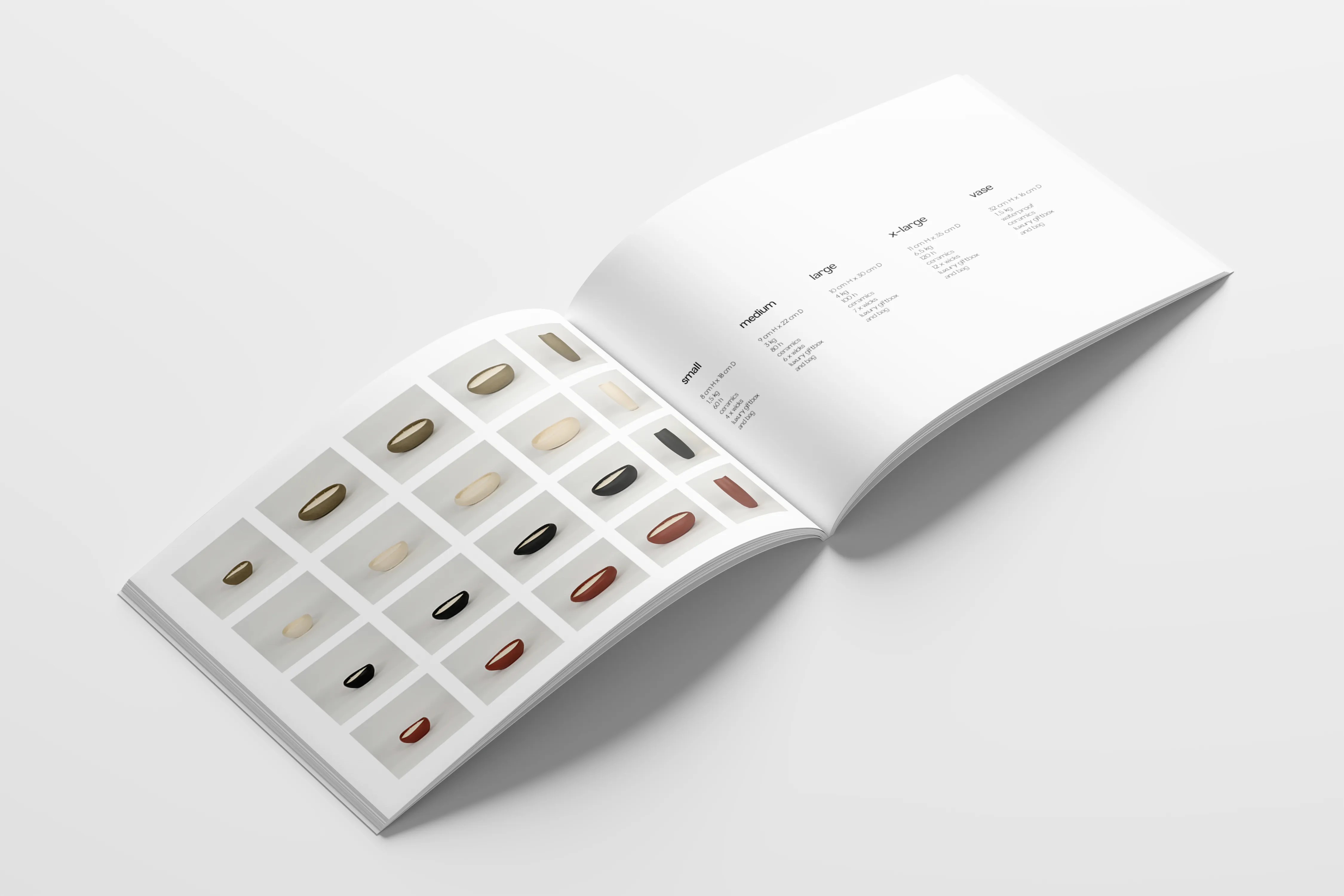 Image of a catalogue laying open showing all candles and vases from this collection