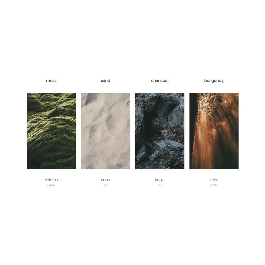 moss green, sand beige, charcoal black, burgundy red
